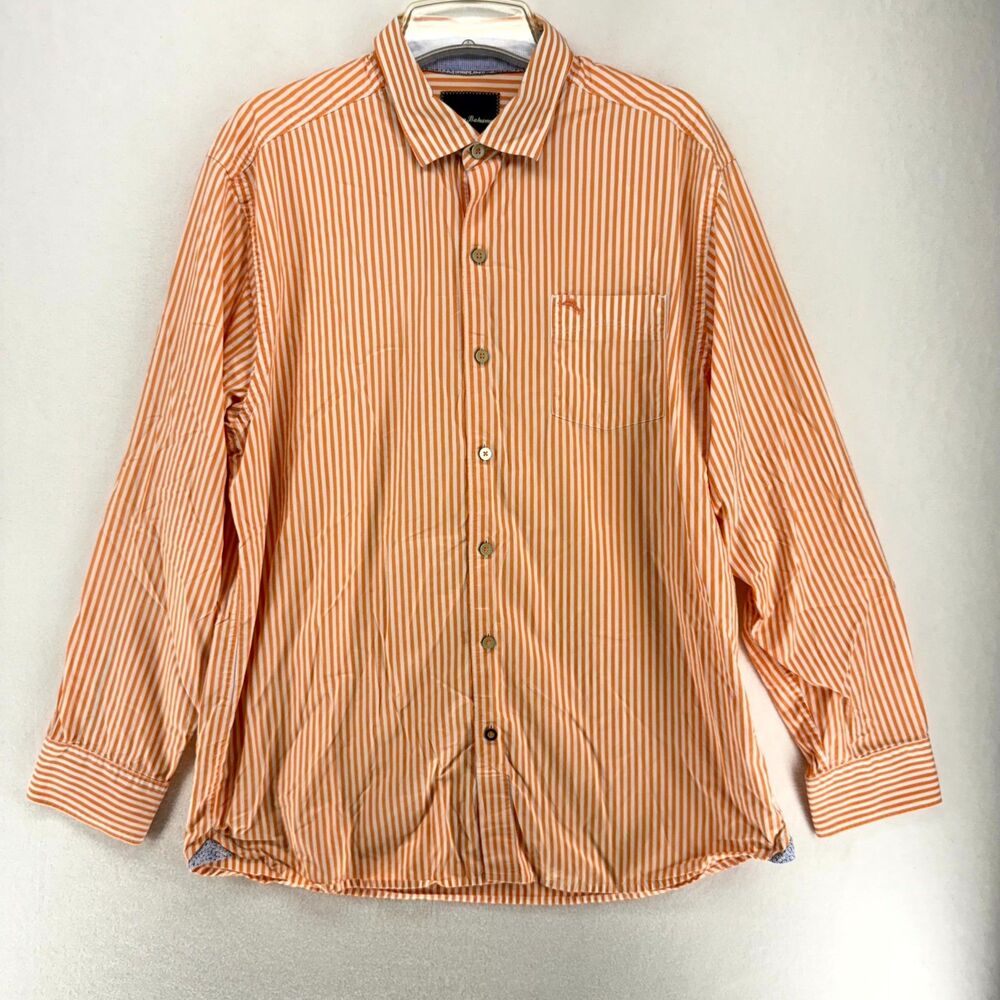 Tommy Bahama 100% Pima Cotton Orange and White Stripe Button Down Mens Size L